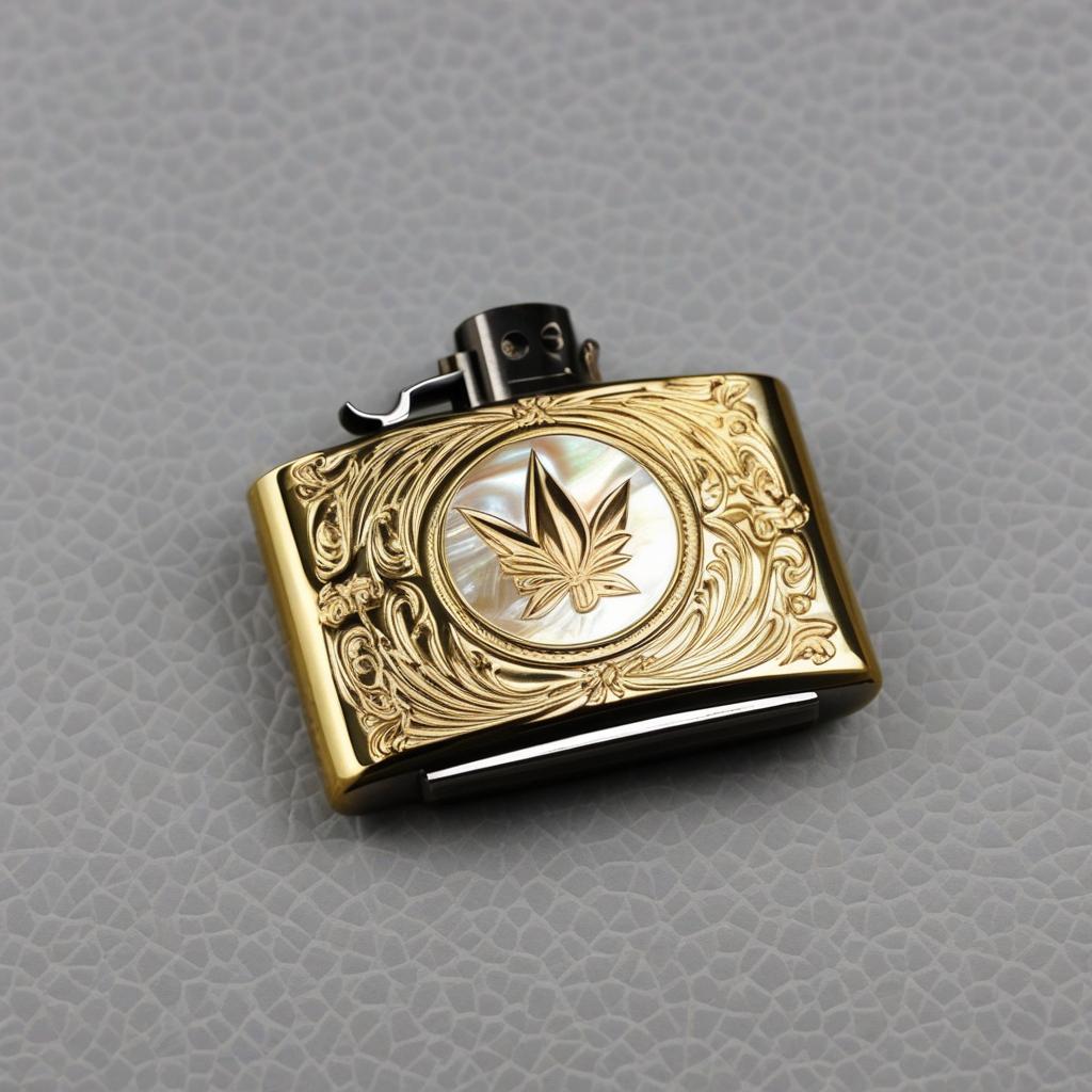  masterpiece, best quality,Draw a Zippo kerosene lighter metal shell decorated with mother-of-pearl craft and place the lighter on a table