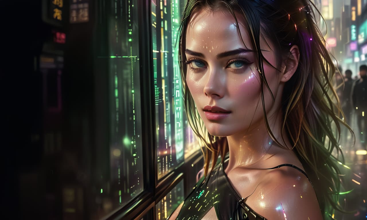  (masterpiece, digital art: 1.3), a very complex double exposure drawing inspired by yuumei, superimposed on a busy city street, cyberpunk aesthetics, cgsociety trend, multiple exposure technique, texture overlay with luminous holographic elements, technicolor color palette,((margot robbie)) the bright city lights illuminating the scene are reminiscent of the color scheme of the film "the matrix" on pinterest, high definition images, colorful fairy tale atmosphere, carefully crafted details in digital art, futuristic and vivid, exciting visual storytelling., civitai, glowneon