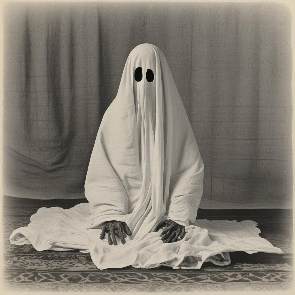  masterpiece, best quality, The pocong is described as a corpse wrapped in a white shroud-cloth used in Islamic burials. The cloth is wrapped around the entire body, from the top of the head to the feet, with several parts tied, namely: Head: Tied at the top of the head with a knot. Neck: The neck is tied to ensure the shroud tightly wraps the body. Feet: The feet are tied tightly, so the pocong is depicted as hopping because its feet cannot move freely. There is no face; what is present is only a pitch-black color on the pocong’s face.