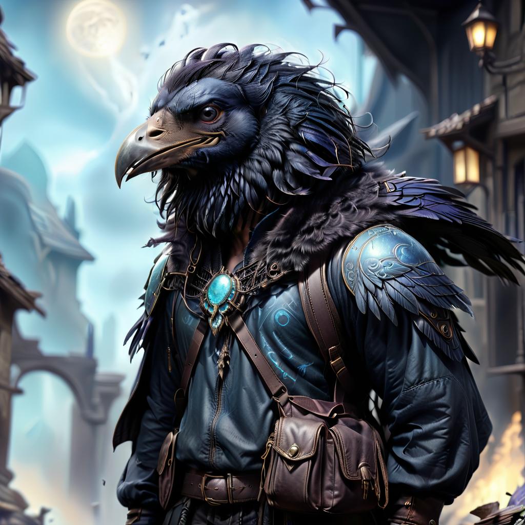  ethereal fantasy concept art of black with blue tint humanoid with raven head alchemist, rags and leather cloak with lots of pockets, tourist back pack bag with pockets, bomb in hand . magnificent, celestial, ethereal, painterly, epic, majestic, magical, fantasy art, cover art, dreamy, civitai