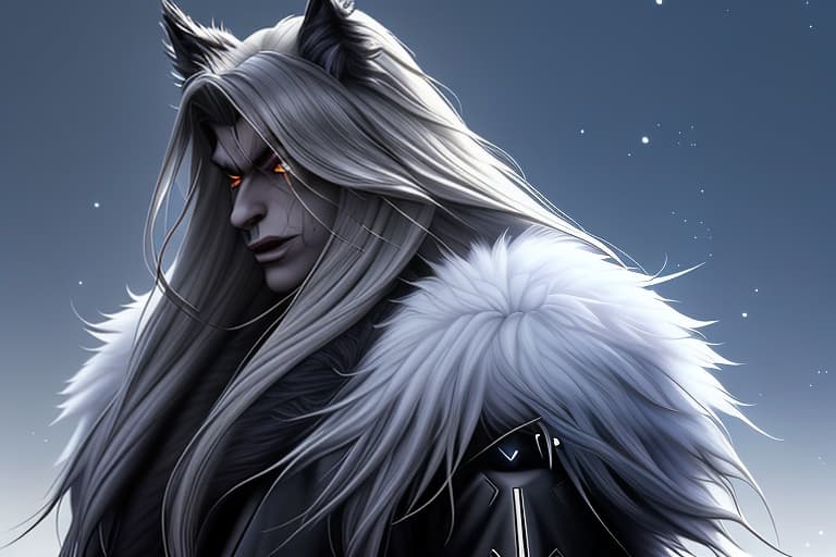  1. Character Design: The character will have a blend of human and werewolf features. His face will retain some of his human characteristics, but with the addition of wolf-like features such as fur, pointed ears, and sharp eyes. 2. Clothing and Accessories: He will be wearing a formal suit, similar to the one in the werewolf image you provided. I’ll add a large fur collar to enhance the werewolf aspect. 3. Weapon: In one hand, he will be holding a large, futuristic blade similar to those seen in the “Bleach” anime. 4. Background: The background will depict a futuristic Earth dominated by AI technology, with towering structures, glowing screens, and a cyberpunk aesthetic.