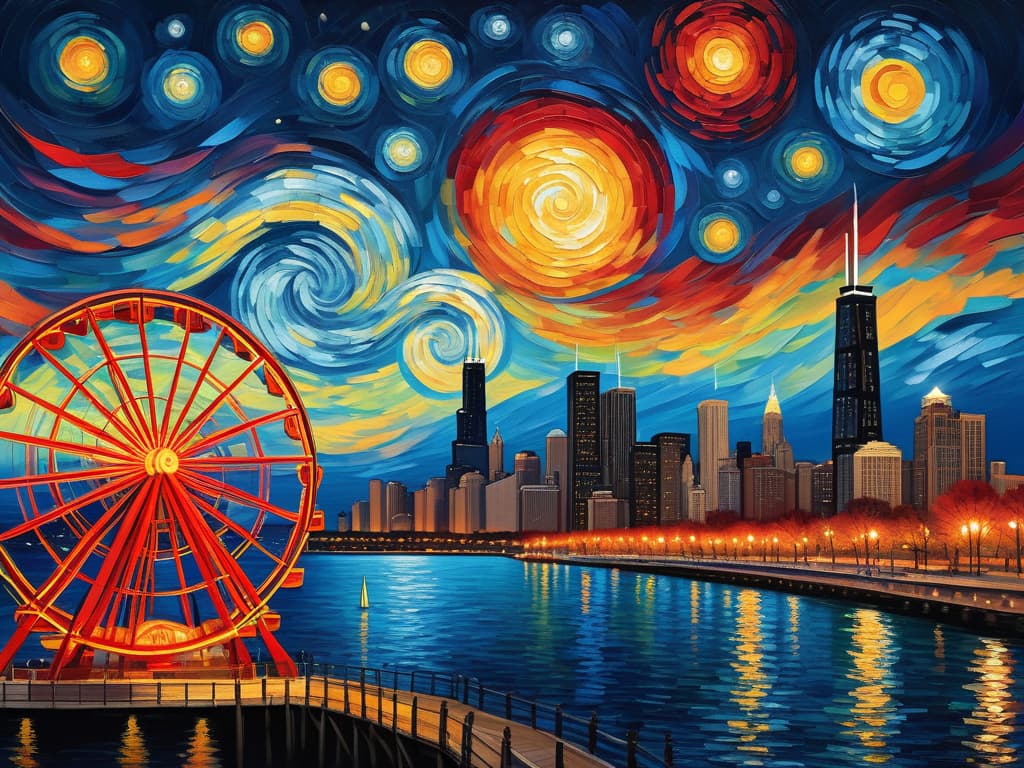  concept art chicago’s centennial ferris wheel, chicago’s navy pier, chicago skyline with prominent towers like willis, hancock, crains communication (slice building) with colorful van gogh swirls in the sky, van gogh's starry starry night with colorful red and orange swirls in the beautiful night sky, hyper realistic, chicago skyline, mesmerizing, intricate details, flambient golden and red sunrise, dramatic lighting, epic composition, wide angle, cinematic, masterpiece, high resolution, sharp details, best quality, 4k, raw photo, van gogh influence, studio lighting, impressionist, bold colors, starry sky, architectural elements, medium format lens, high angle, cityscape, city life, metropolitan, van gogh's brushstrokes, van gogh's shad