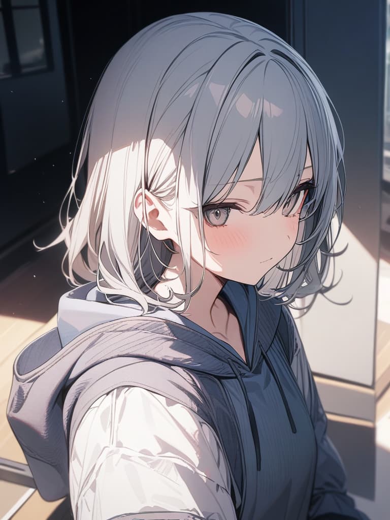  cute, subculture, gray hair, moe sleeve, odd eye, hoodie, masterpiece, best quality,8k,ultra detailed,high resolution,an extremely delicate and beautiful,hyper detail