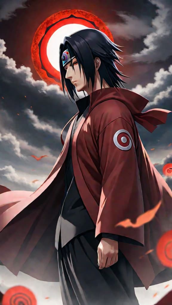  anime art: itachi uchiha's exceptional mastery of the mangekyō sharingan. hyperrealistic, full body, detailed clothing, highly detailed, cinematic lighting, stunningly beautiful, intricate, sharp focus, f/1. 8, 85mm, (centered image composition), (professionally color graded), ((bright soft diffused light)), volumetric fog, trending on instagram, trending on tumblr, HDR 4K, 8K