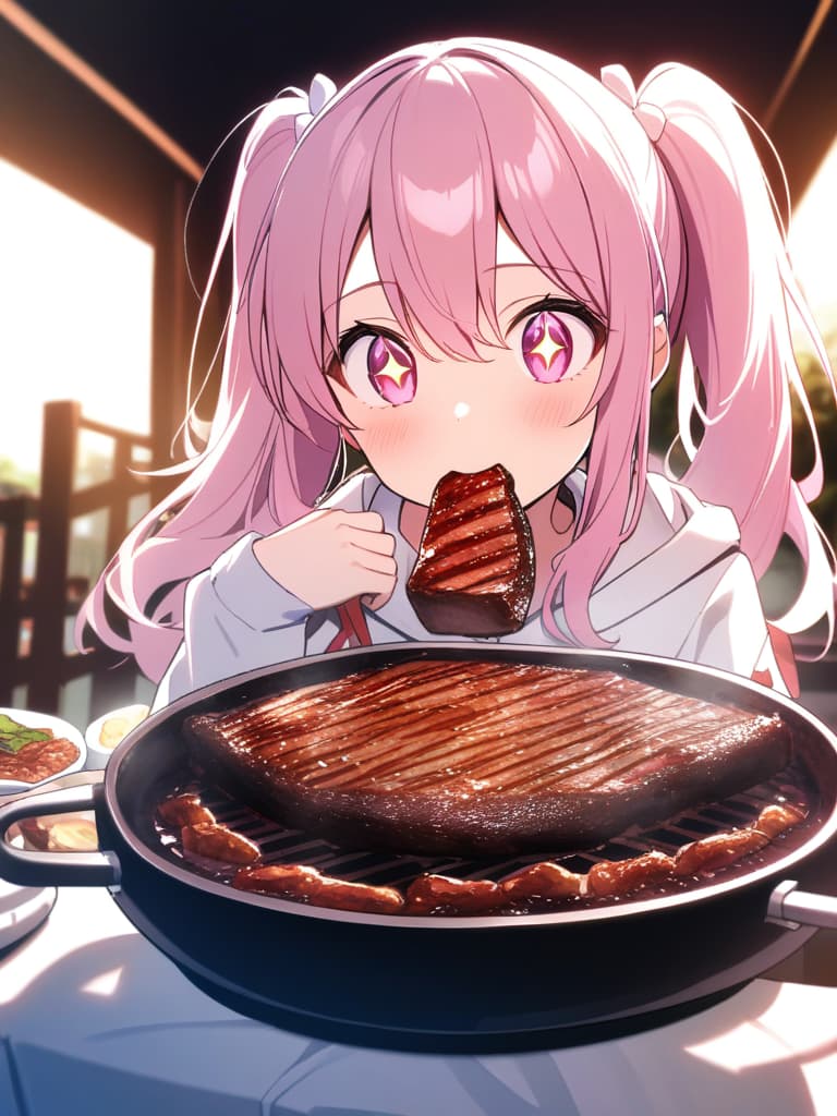  ((yakiniku, eating yakiniku,sparkling eyes,cute,stuffing meat into her mouth)),((pink hair,twin tails,pink eyes,,yakiniku))、ultra detailed,best shadow,cute and beautiful face,(masterpiece:1.2),(best quality:1.2),detailed background,high contrast,(best illumination,an extremely delicate and beautiful),((cinematic light)),hyper detail,dramatic light,intricate details,8k,anime,very aesthetic