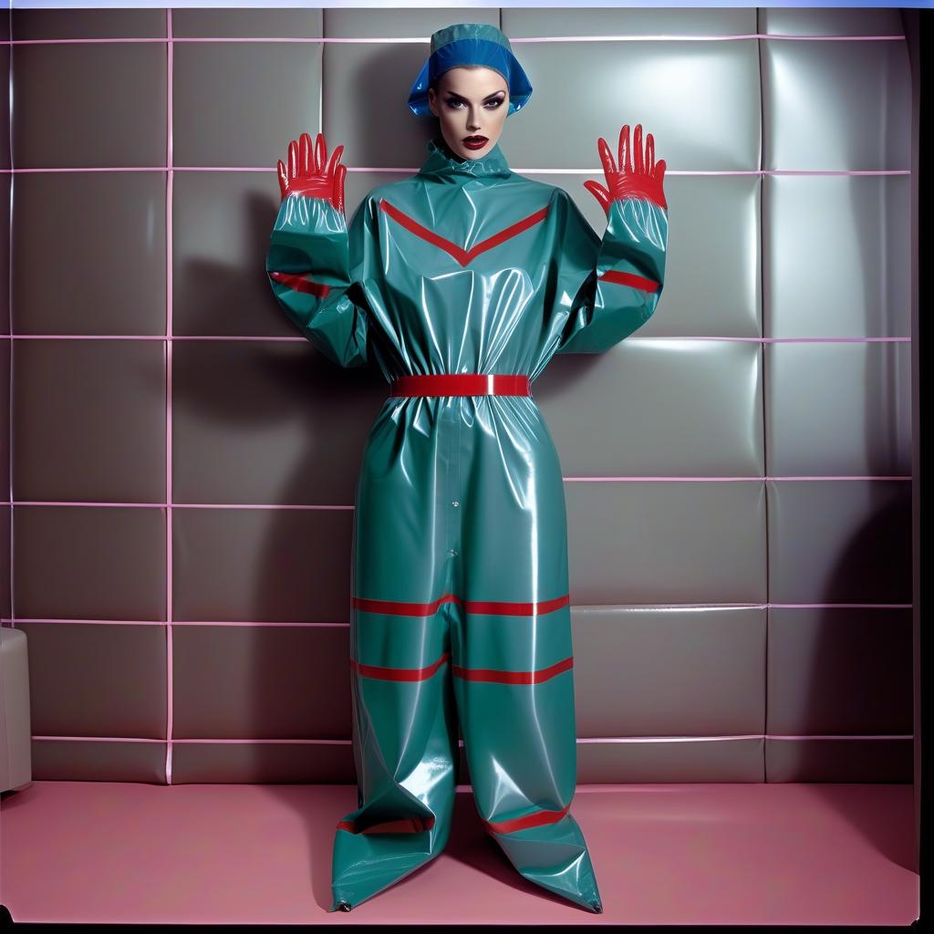  "hyperdetalisation, woman, mistress surgeon, in dressed three color surgical suit, made of glossy latex, standing alone, full length, front view, full face, dressed in, surgical gown, knee length, with elastic waistband, long sleeves, with elastic cuffs, upper part of surgical gown, (from collar to waist), glossy latex dark green, belt at waist, glossy latex red, lower part of surgical gown, (from hem to waist), glossy latex dark blue, in the center of the surgical gown there is an emblem in the form of surgical forceps "burdizzo", upper part of sleeve, (from shoulder to elbow), glossy latex dark blue, lower part of sleeve, (from elbow to cuff), glossy latex dark green, cuffs on sleeve, glossy latex red, (bib with collar), made of glossy d