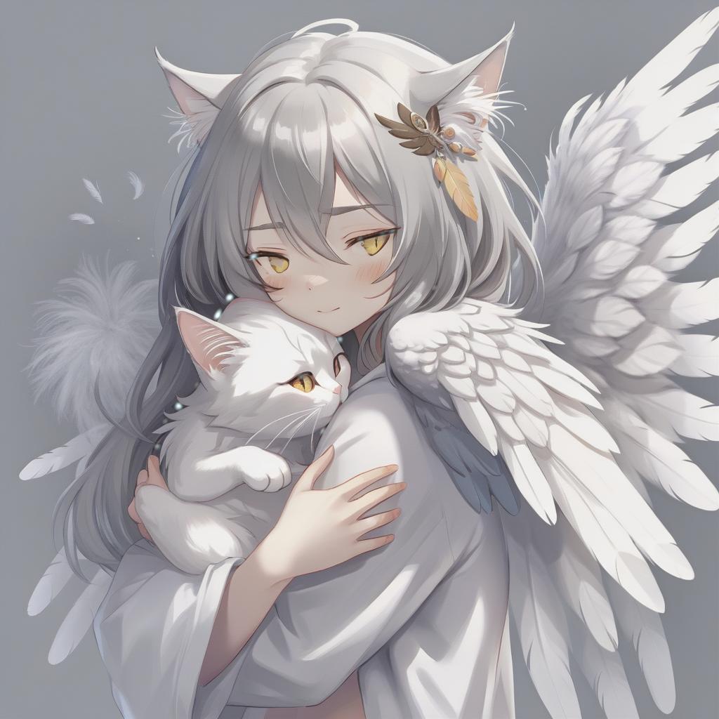  concept art female neko, gray haired, long hair, white eyes, with feathers where her ears are, hugging her own wings . digital artwork, illustrative, painterly, matte painting, highly detailed