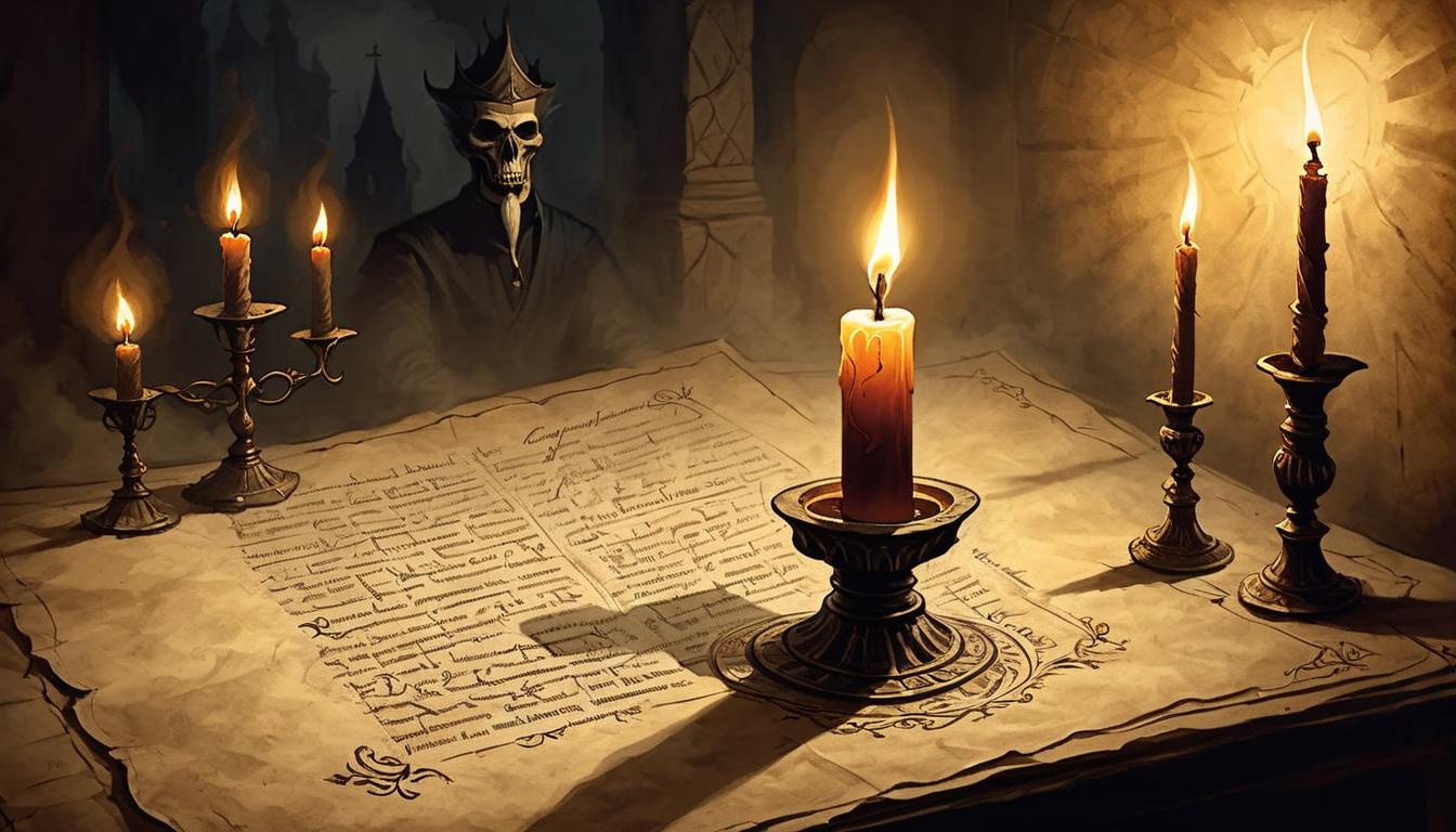  on parchment, surrealism+++, brightly burning candle in a dark room, casting long shadows, resilience, light overcoming darkness, persistent flame(mysterious, provocative, symbolic,muted color)+++