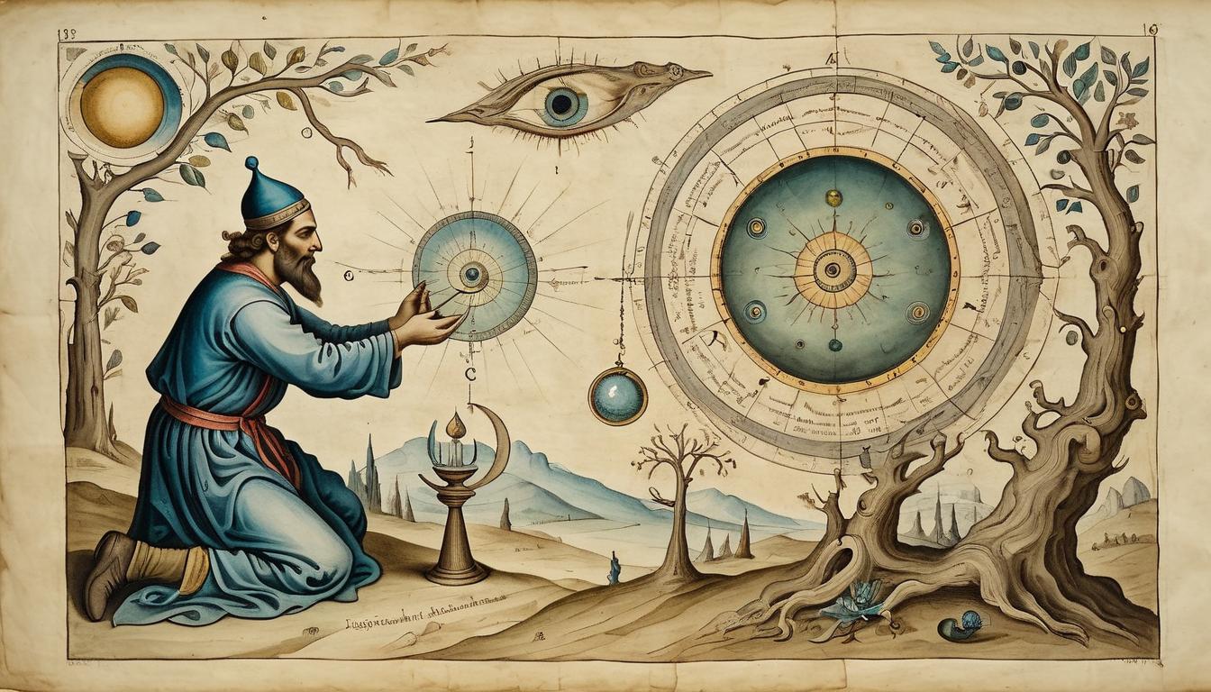  on parchment, surrealism+++, a close up of a figure getting a new, precise set of spiritual lenses, adjustment and fitting process depicted(mysterious, provocative, symbolic,muted color)+++