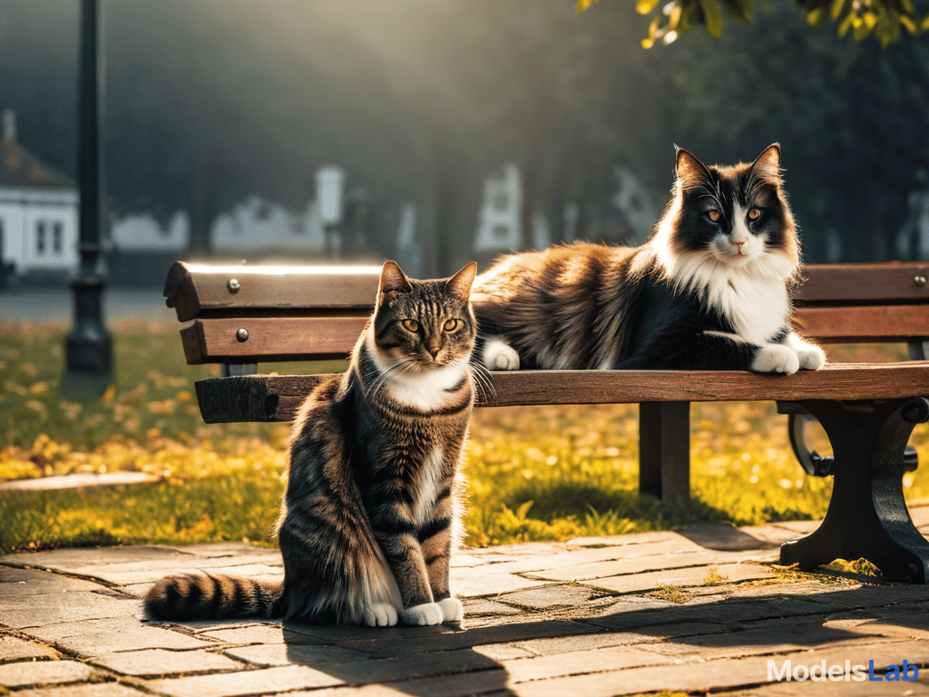  a cat sitting on a bench hyperrealistic, full body, detailed clothing, highly detailed, cinematic lighting, stunningly beautiful, intricate, sharp focus, f/1. 8, 85mm, (centered image composition), (professionally color graded), ((bright soft diffused light)), volumetric fog, trending on instagram, trending on tumblr, HDR 4K, 8K