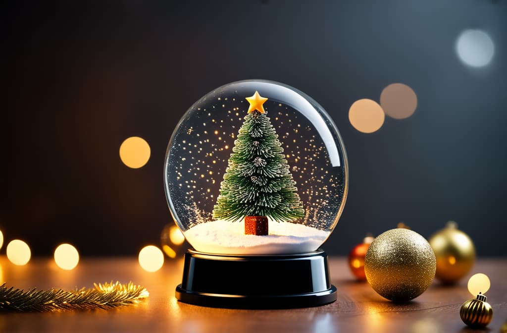  professional detailed photography, christmas snow globe with fir tree and golden decorations on wooden table. holiday background with bokeh lights. holiday decor. flat lay composition with copy space for design and print. ar 3:2, (muted colors, dim colors, soothing tones), (vsco:0.3)