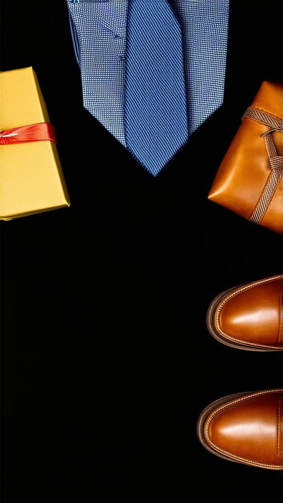  greeting card with gift for father on black background. set of classic mens clothes brown shoes, tie and gift. happy fathers day. men's accessories set. top view. copy space. ar 9:16 {prompt}, maximum details