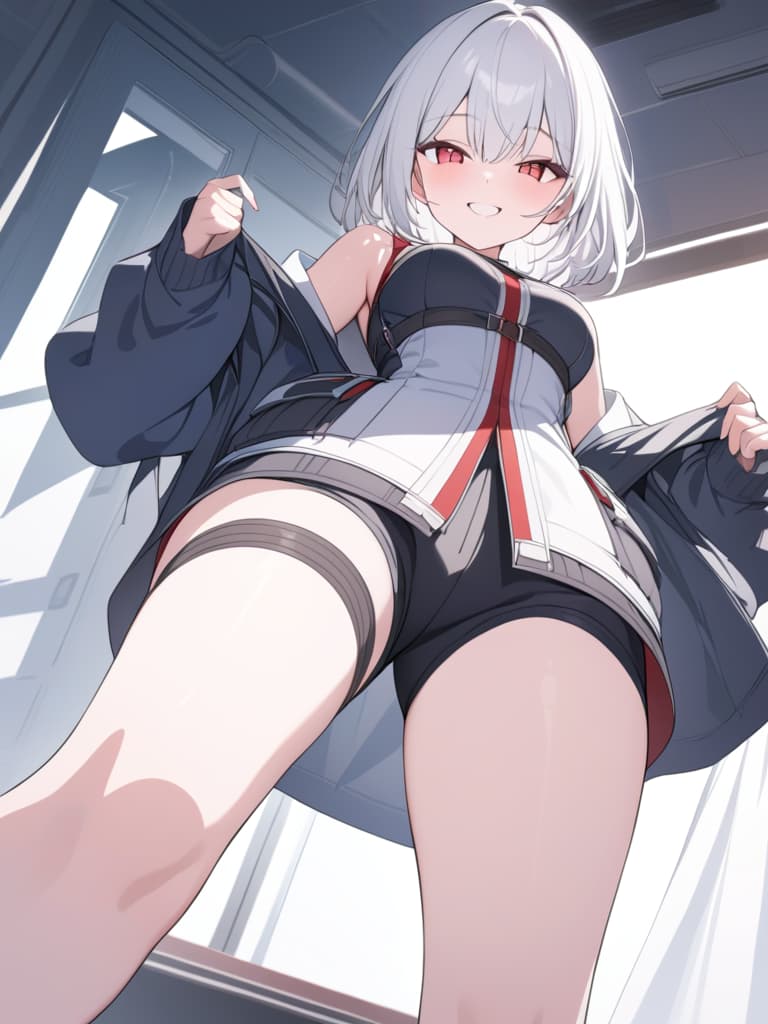  boys, short bobs, combat uniforms, white hair, black mesh, red eyes, shorts, cheerful, smiles, smiles, masterpiece, best quality,8k,ultra detailed,high resolution,an extremely delicate and beautiful,hyper detail