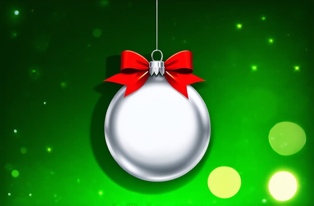  flat illustration, flaticon, (illustration:1.15), on a green background with bokeh on the side there is a silver christmas ball with a red bow ar 3:2, [cory loftis, strobist, pascal campion :: 0.2]