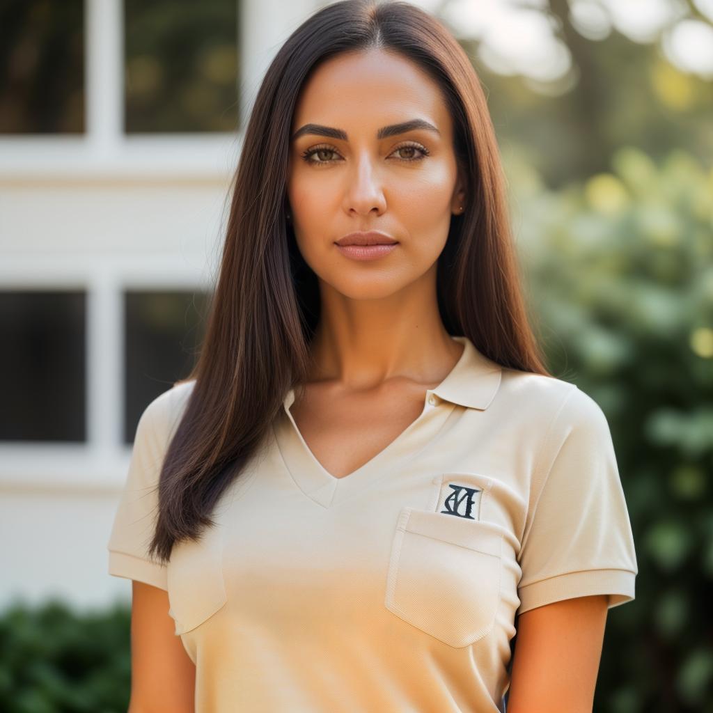  (((realistic full torso frontal head shot of a light beige to medium tan skin tone woman))), dagmar mia bauer, ((caucasian heritage)), immature face, brown eye color, ((straight hair style)), ((black hair color)), (( body type)), flat size, small size, (immature narrow nose), (immature prominent cheekbones), (immature defined jawline), (immature medium lips), (immature high forehead), (immature symmetrical face), (immature soft eyebrows), standing straight looking directly into the camera,((wearing fitted polo shirt with deep v neck and monogrammed pocket)), backyard in background, 1, best quality, highest quality, award winning photo, masterpiece, raw, professional photography, photorealism, sharp focus, cinemati hyperrealistic, full body, detailed clothing, highly detailed, cinematic lighting, stunningly beautiful, intricate, sharp focus, f/1. 8, 85mm, (centered image composition), (professionally color graded), ((bright soft diffused light)), volumetric fog, trending on instagram, trending on tumblr, HDR 4K, 8K