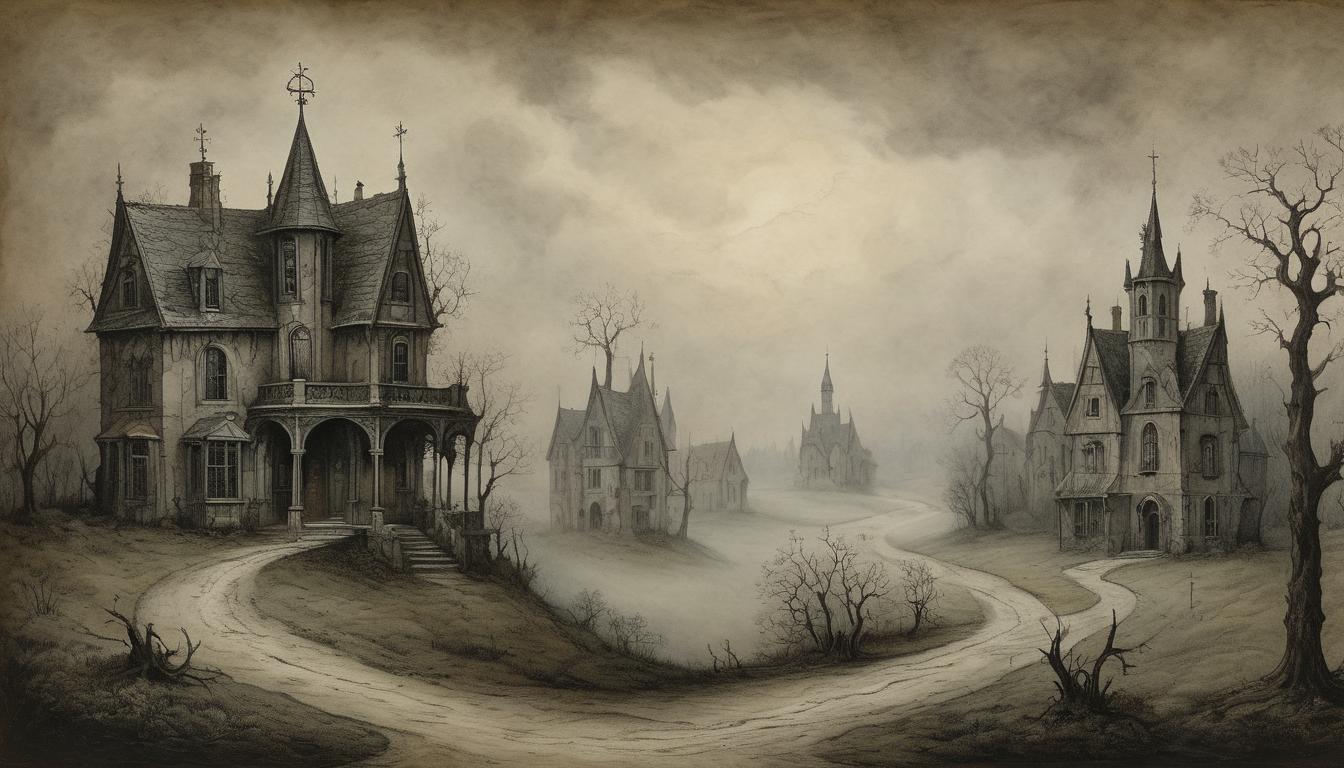  on parchment, surrealism++, communal landscape under a shadowy sky, intertwined pathways connecting small, darkened homes, homes detailed with gothic architectural features, somber mood, tight knit but enveloped by an air of heaviness, muted colors, mist quietly enveloping edges.(mysterious, provocative, symbolic)++