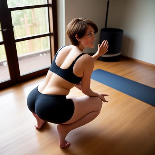   , bent over, , round , pawg, looking back, short hair, yoga pose, smiling, style, tight lips, lips, , slim waist, hands up, focus on , camera angle behind, , on , shot