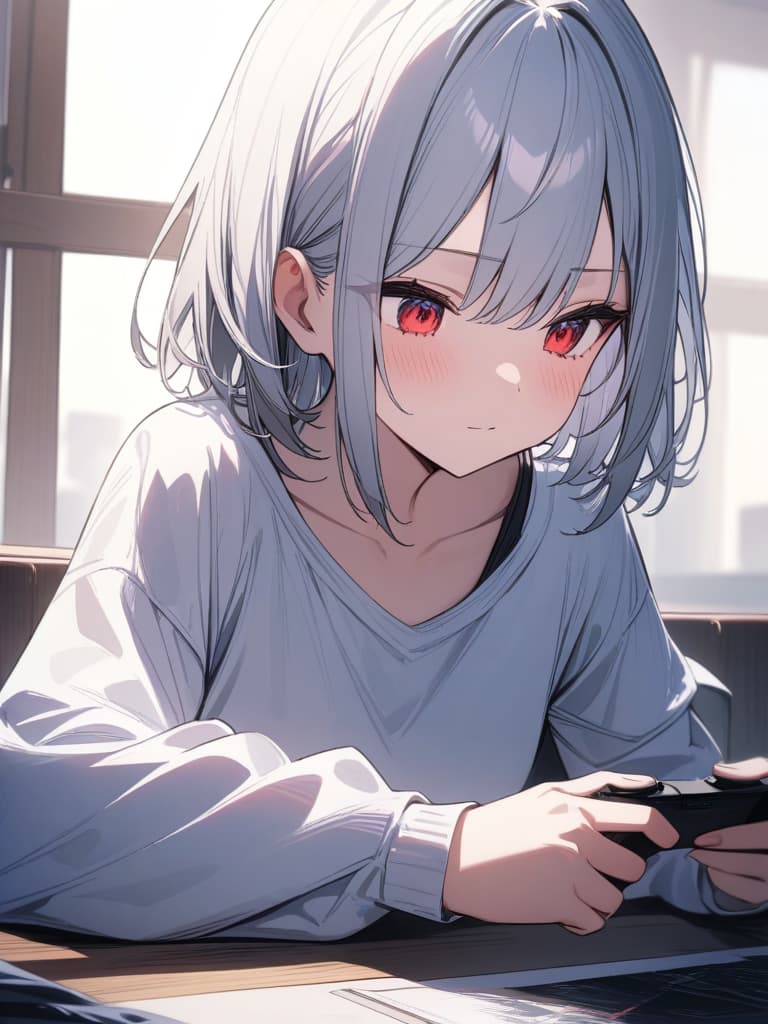  playing games, cute, silver hair, red eyes, sharp lines, girls, short hair, masterpiece, best quality,8k,ultra detailed,high resolution,an extremely delicate and beautiful,hyper detail