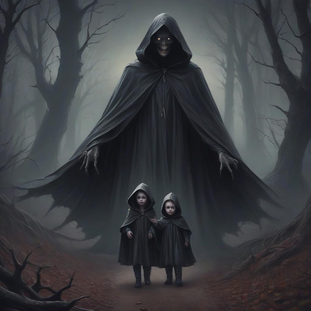  horror themed a visit to the beech, in the foreground of a terrible creature in a dark cloak, a mother closes her two young children from this creature . eerie, unsettling, dark, spooky, suspenseful, grim, highly detailed