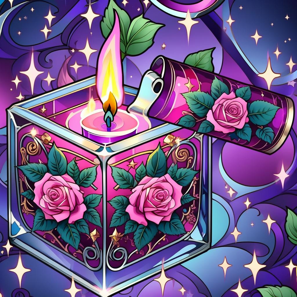  gothic style (background):colour:violet blue. (background decoration):silver frames in the shape of hearts and gold fancy stars. (centre):glass square pink candlestick and lighter decorated with fancy roses. (rose colour):pink, dark pink, with cream border. (leaf colour):dark green, green blue, light green. (style):fantasy, fantasy art design, jewellery, interior. . dark, mysterious, haunting, dramatic, ornate, detailed