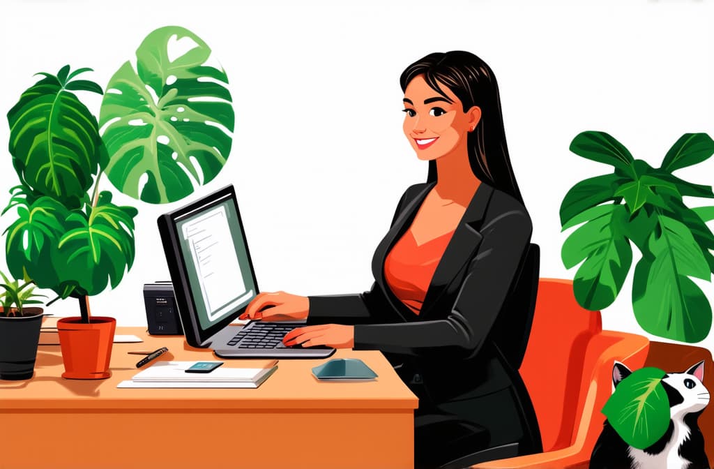  professional detailed photography, work from home woman working at her desk at home with cat and plants. modern vector illustration of home office concept. ar 3:2, (muted colors, dim colors, soothing tones), (vsco:0.3)