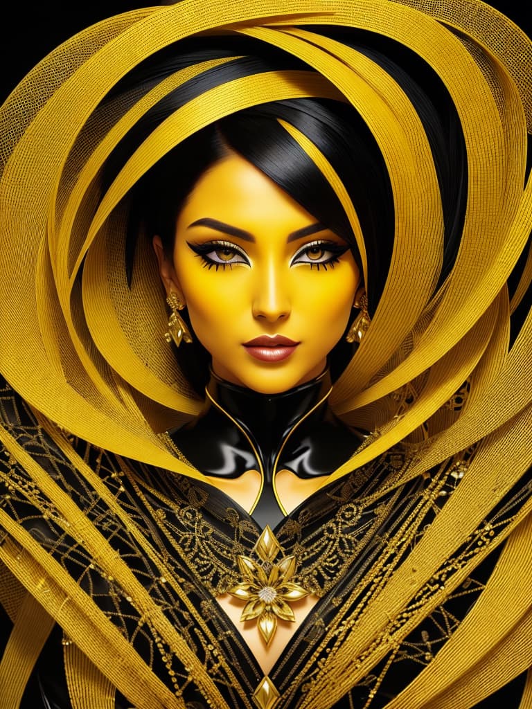  Golden yellow and sleek black color palette, captivating and inviting expression, exuding elegance and charm, magnetic beauty, intricate details, high contrast, luxurious feel, digital art, female, glossy finish, striking composition, dynamic lighting to enhance features.