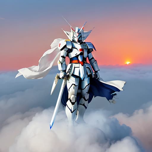  A broken white Gundam. It was tall and straight into the clouds. It held a sword in both hands. The sword was stuck in the ground. Behind it was a majestic border. It looked at the sky alone, and the sunset shone on the earth.