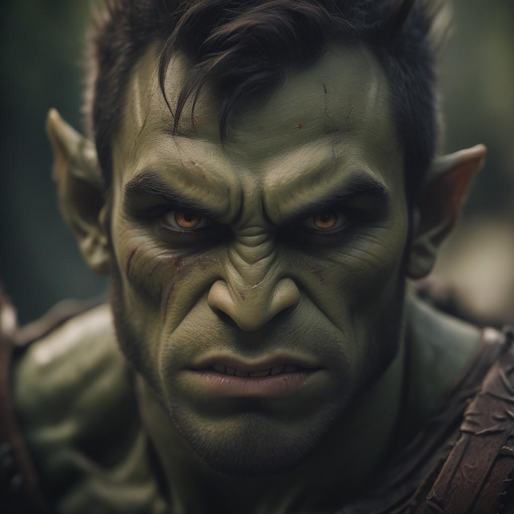  cinematic film still orc, young man, brown eyes, thin . shallow depth of field, vignette, highly detailed, high budget, bokeh, cinemascope, moody, epic, gorgeous, film grain, grainy