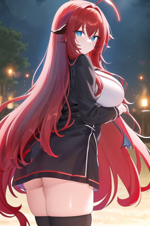  s out,masterpiece, best quality, 1women, long red hair, looking at viewer, :3, cute, black uniform, outdoors, streets, cow shot, curvy, (((blue eyes))), rias gremory, red hair, antenna hair, wavy hair, ((beautiful detailed eyes, beautiful detailed glow, lots of glow)), anime screencap