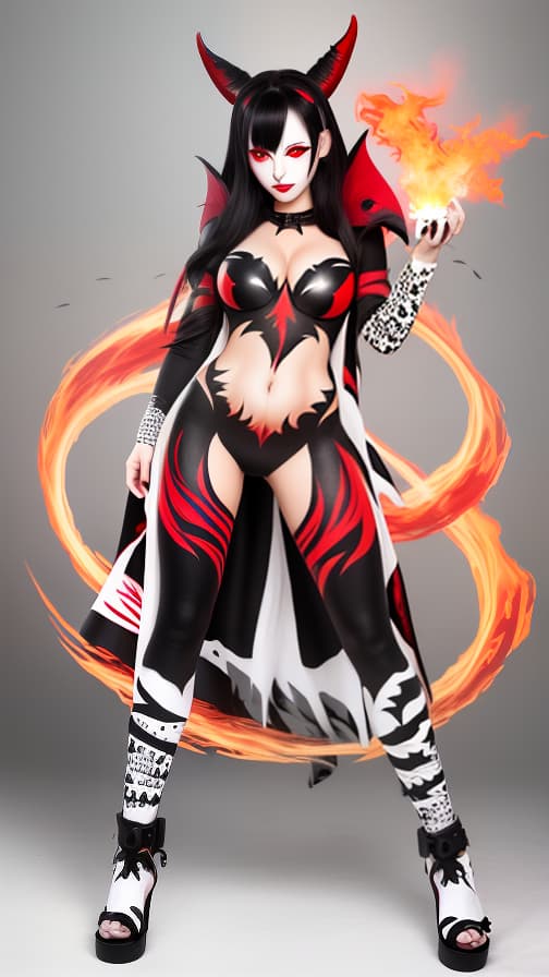  Full body red and Black flame pattern body paint, White body paint on the whole body, White face paint on the face, Dark elf 女性