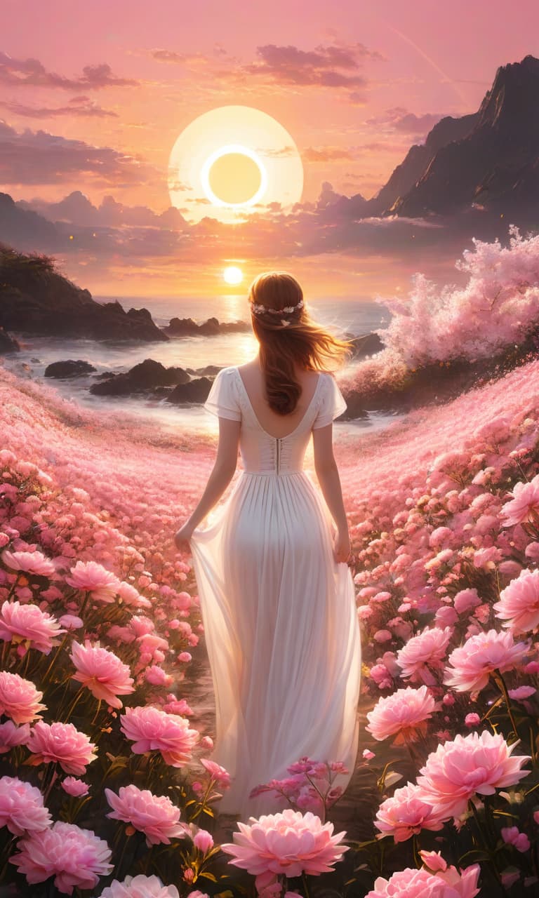  concept art color pink, white, black, gold the sun is huge, the sunset, the sea of flowers, a very large sun with rays . digital artwork, illustrative, painterly, matte painting, highly detailed, perfect hands