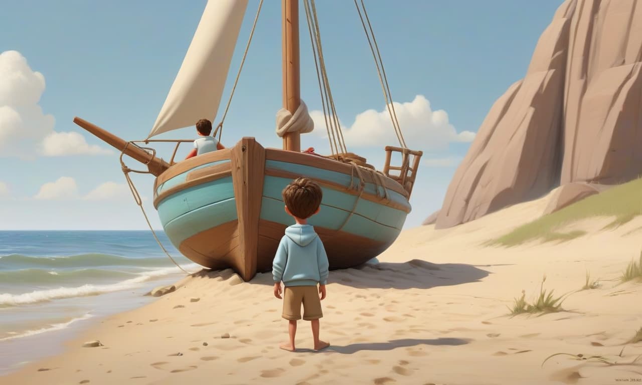  a small wooden boat with a sail resting on the sandy beach, positioned slightly away from the water. the boat is simple and cozy, with a sail gently fluttering in the breeze. next to the boat stands a young boy, evseyka, wearing a light blue hoodie with a white t shirt visible underneath and light brown or beige shorts. his outfit is casual and comfortable, suitable for warm weather. evseyka is observing the boat with curiosity, and the scene takes place on a sunny day by the calm sea. the overall mood is warm, friendly, and perfect for a children's story, with bright colors and pixar like details.