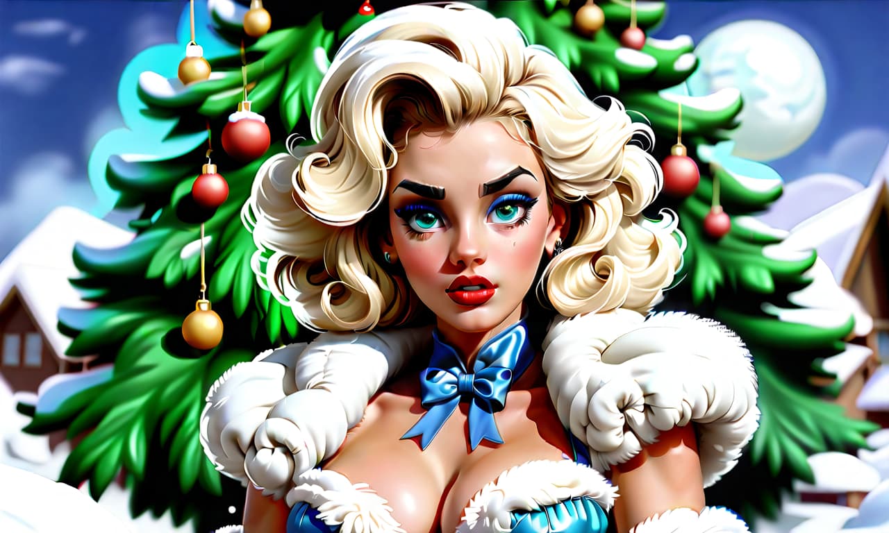  comic "create a painting in the pin up style featuring a young woman with a cute face and makeup. she has light hair styled with large white bows on the sides, from which curly hair flows down. the woman is dressed in a short blue fur coat with a fluffy white fur collar, which accentuates her figure. her arms are extended along her body to mid thigh, with her wrists flared out to the sides. she wears nylon stockings and long white leather high heeled boots, standing as if on her toes. the scene depicts her standing straight in the snow, appearing to shiver from the cold, surrounded by snow and snowdrifts. to her right, there is a fluffy green christmas tree adorned with colorful ornaments and twinkling lights. the snow sparkles and glistens