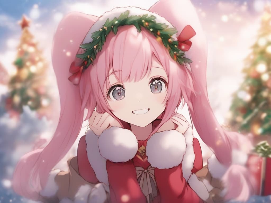  1girl,christmas,twin tail pink hair,black eyes,cute,smile,santa cosplay,