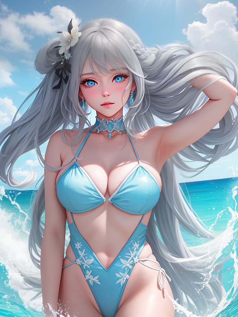  you can see gray hair, swimwear, light blue eyes, girls, cute, long hair,, masterpiece, best quality,8k,ultra detailed,high resolution,an extremely delicate and beautiful,hyper detail