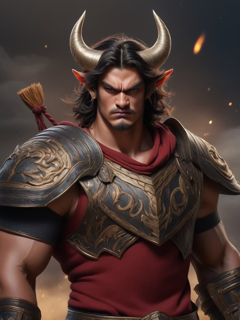  bull demon king, 1 male, bull face, solo, male focus, horns, muscular build, armor, portrait, fierce expression, looking at viewer, realistic, open mouth showing fangs, close up, heavy shoulder armor, dark background, battle scars