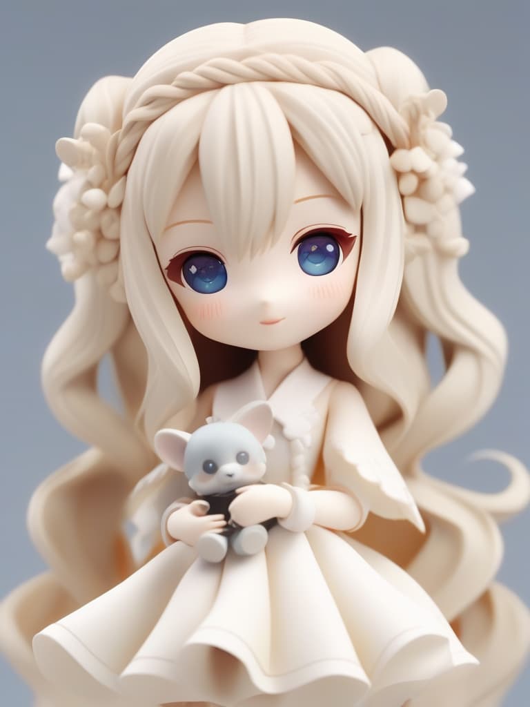  masterpiece,((( nendroid))),((( 3d))),{(((light beige hair color))),((( side braided hairstyle)))},blue eye color,smiling face,one nemophila in hand,white gothic clothing,high quality,super resolution,16k