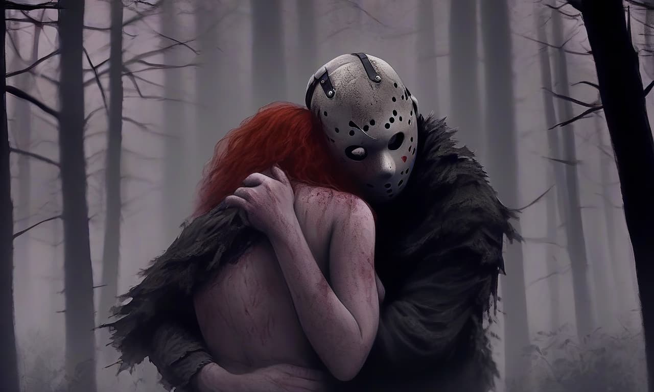  horror themed back view. jason voorhees carries a beautiful naked woman with curly red hair in his arms. forest in dense fog in the background. . eerie, unsettling, dark, spooky, suspenseful, grim, highly detailed