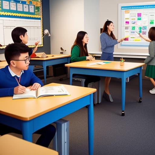  young students in a classroom learning the five vowels. hyperrealistic, full body, detailed clothing, highly detailed, cinematic lighting, stunningly beautiful, intricate, sharp focus, f/1. 8, 85mm, (centered image composition), (professionally color graded), ((bright soft diffused light)), volumetric fog, trending on instagram, trending on tumblr, HDR 4K, 8K