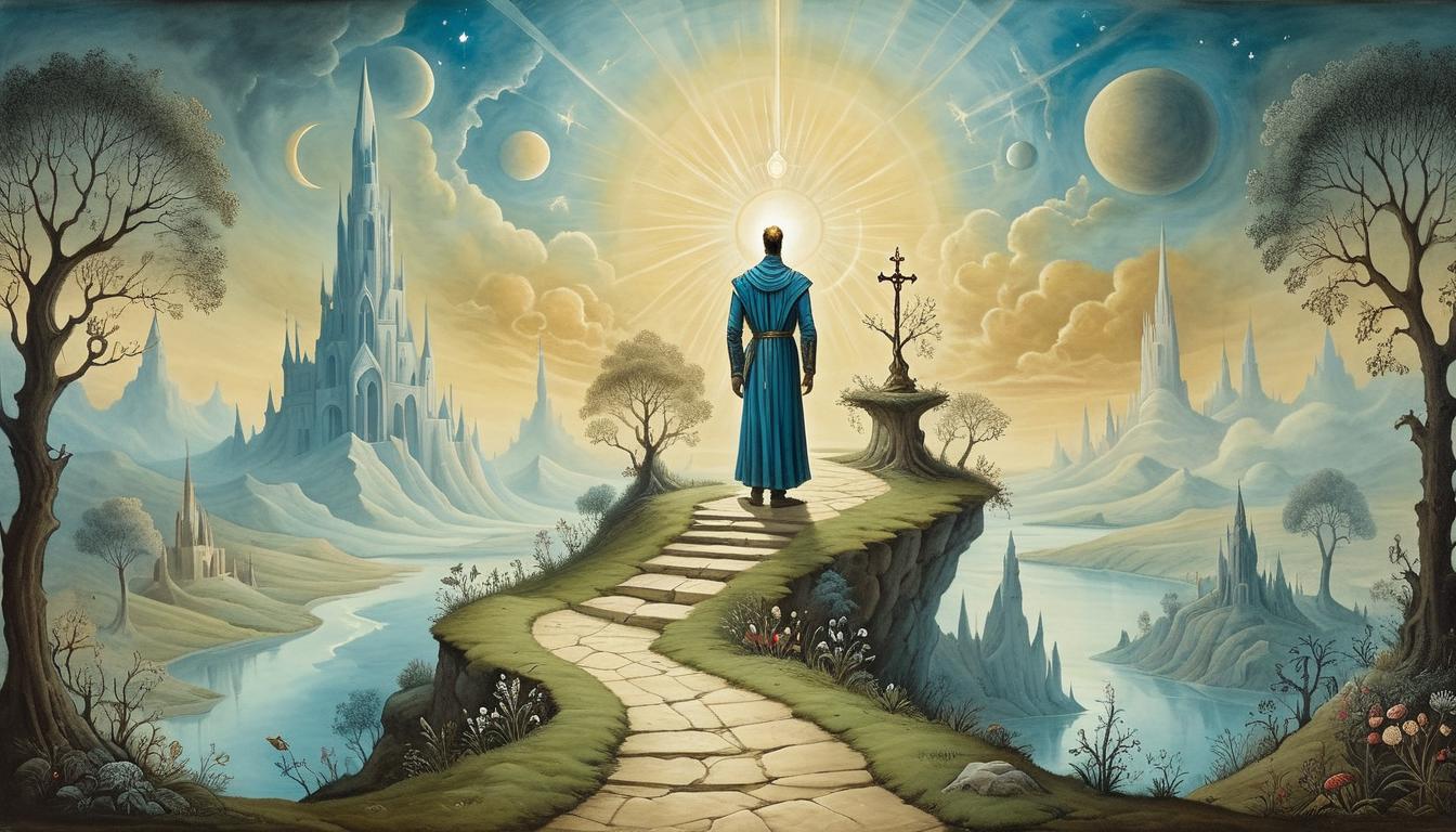  on parchment, surrealism+++, a figure standing on a path surrounded by divine light, path clearly visible, horizon sharp and bright, sense of divine guidance(mysterious, provocative, symbolic,muted color)+++