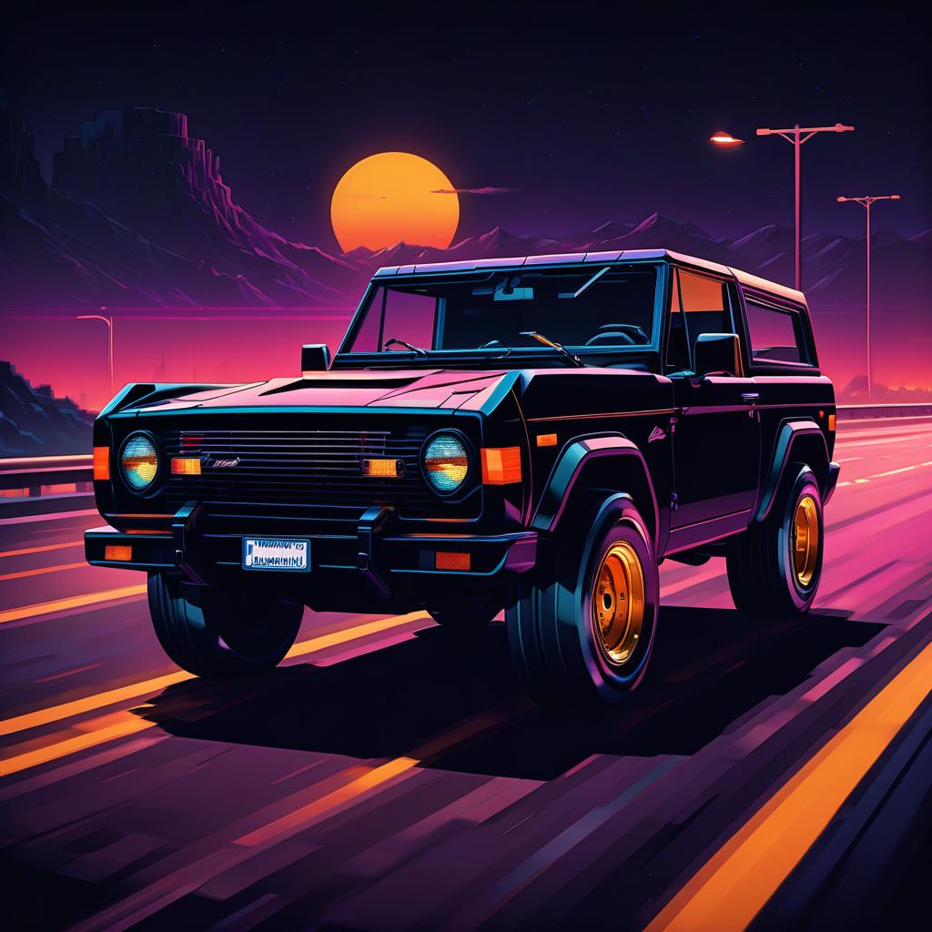  retro game art black, brutal lamborghini ford bronco at night on the highway . 16 bit, vibrant colors, pixelated, nostalgic, charming, fun