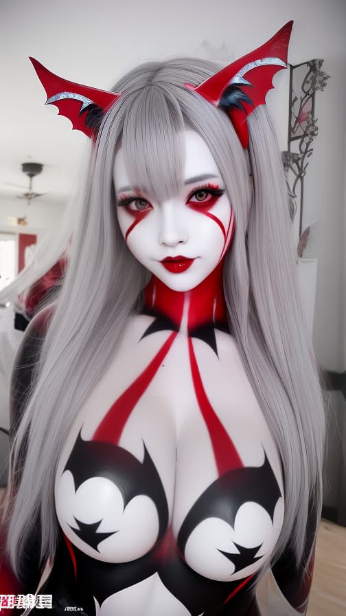  White and red bat pattern body paint in every corner of the body,silver body paint all over the body,Grey face paint on the face, Two succubus, full body image 女性