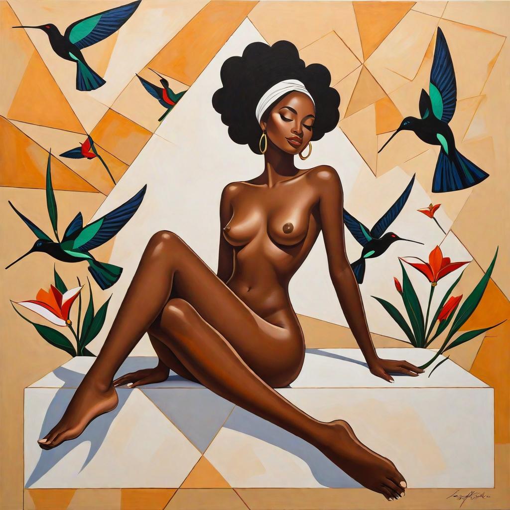  minimalism, painting of a beautiful black woman. she lays, surrounded by hummingbirds and trumpet flowers. naked. she has brown legs. she has brown feet. she is in a divine pose., abstract, simple geometic shapes, hard edges, sleek contours, minimalism