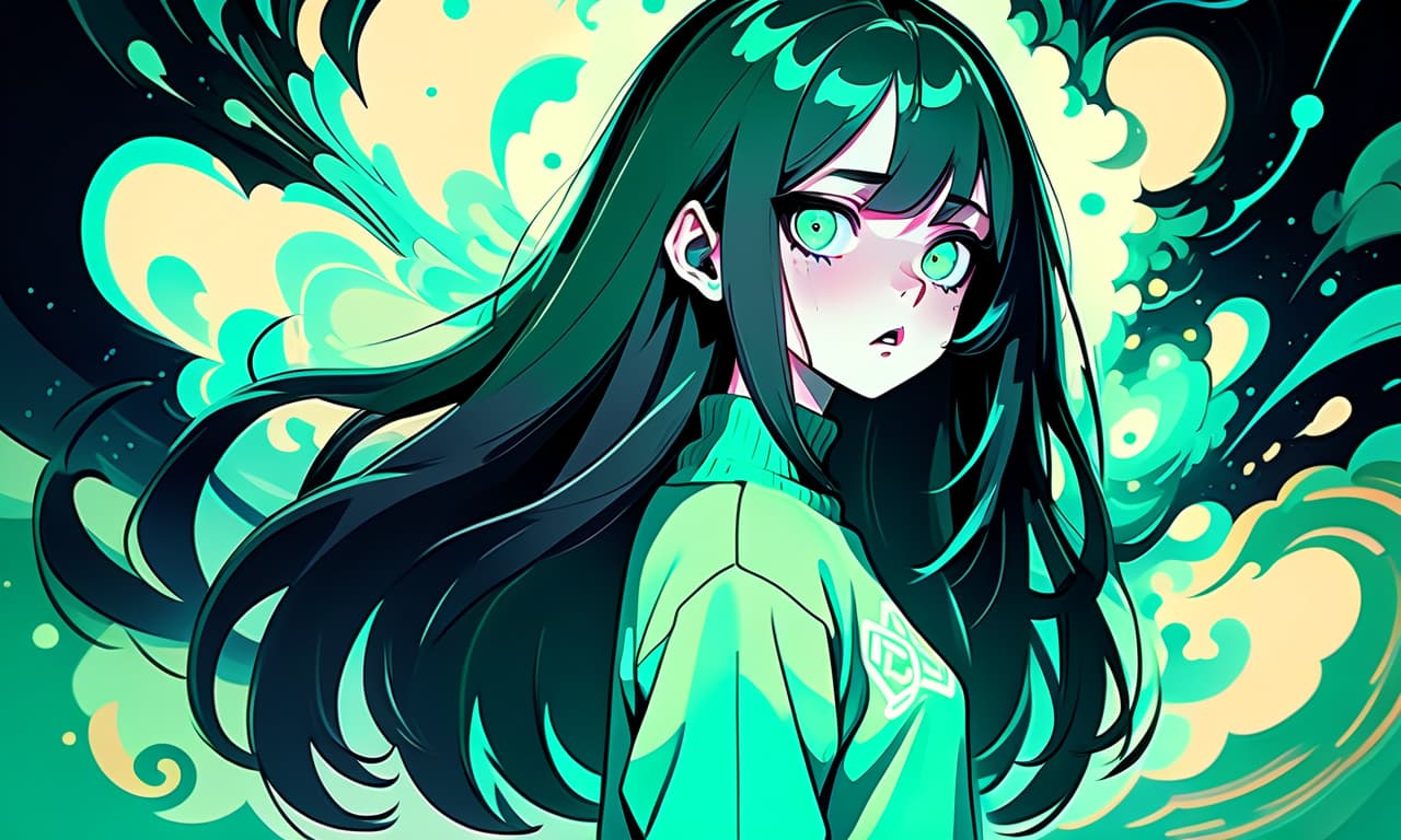  psychedelic style a girl in anime style with long black hair stands in the dark dressed in a pastel green sweater and pants. the girl looks into the darkness with black lower eyelids under the eyes full of fear of the unknown and curiosity, and the bright turquoise eyes themselves stand out against the background of everything. the colors in the image are muted. . vibrant colors, swirling patterns, abstract forms, surreal, trippy