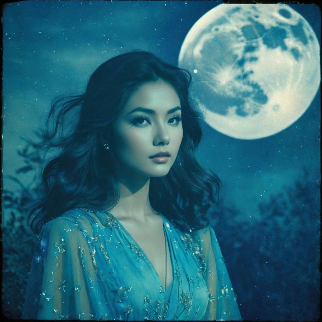  analog film photo moon goddess, blue, dreamy, weird. faded film, desaturated, 35mm photo, grainy, vignette, vintage, kodachrome, lomography, stained, highly detailed, found footage