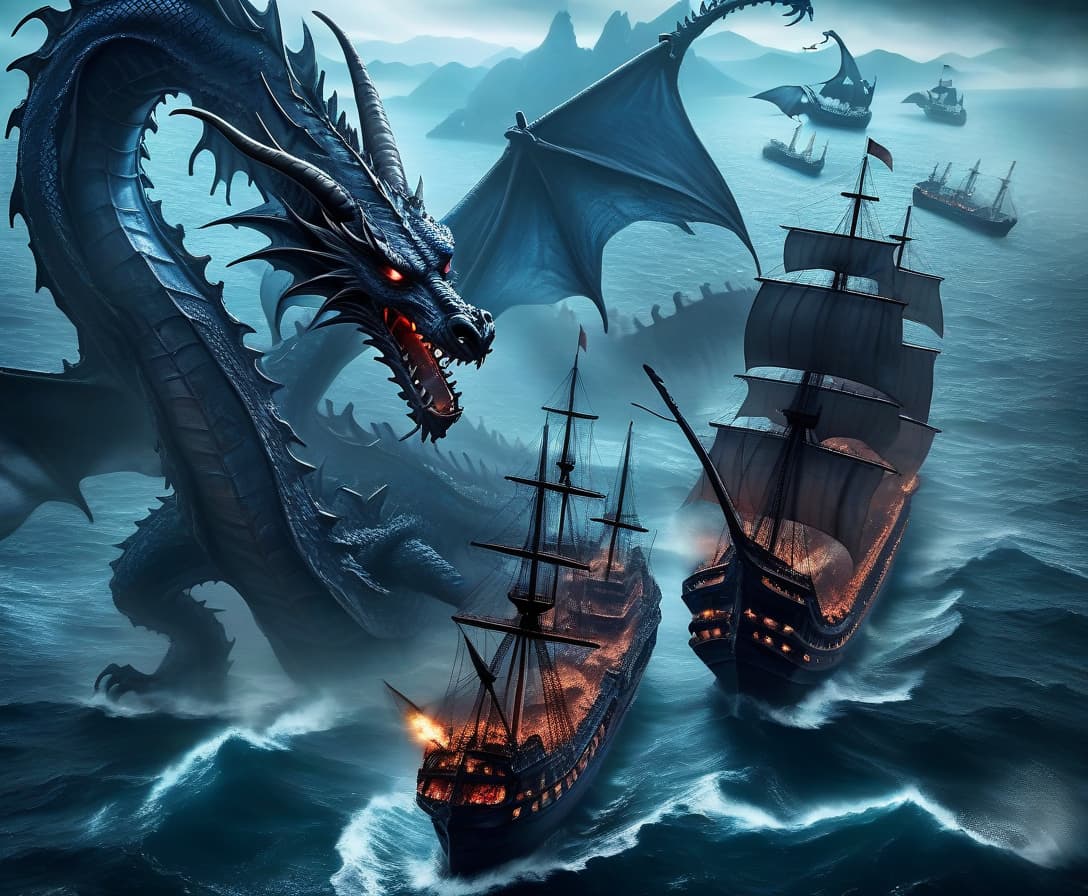  horror themed the view from above, the blue sea, the ship, the huge dragon attacking the ship. . eerie, unsettling, dark, spooky, suspenseful, grim, highly detailed, hkmagic