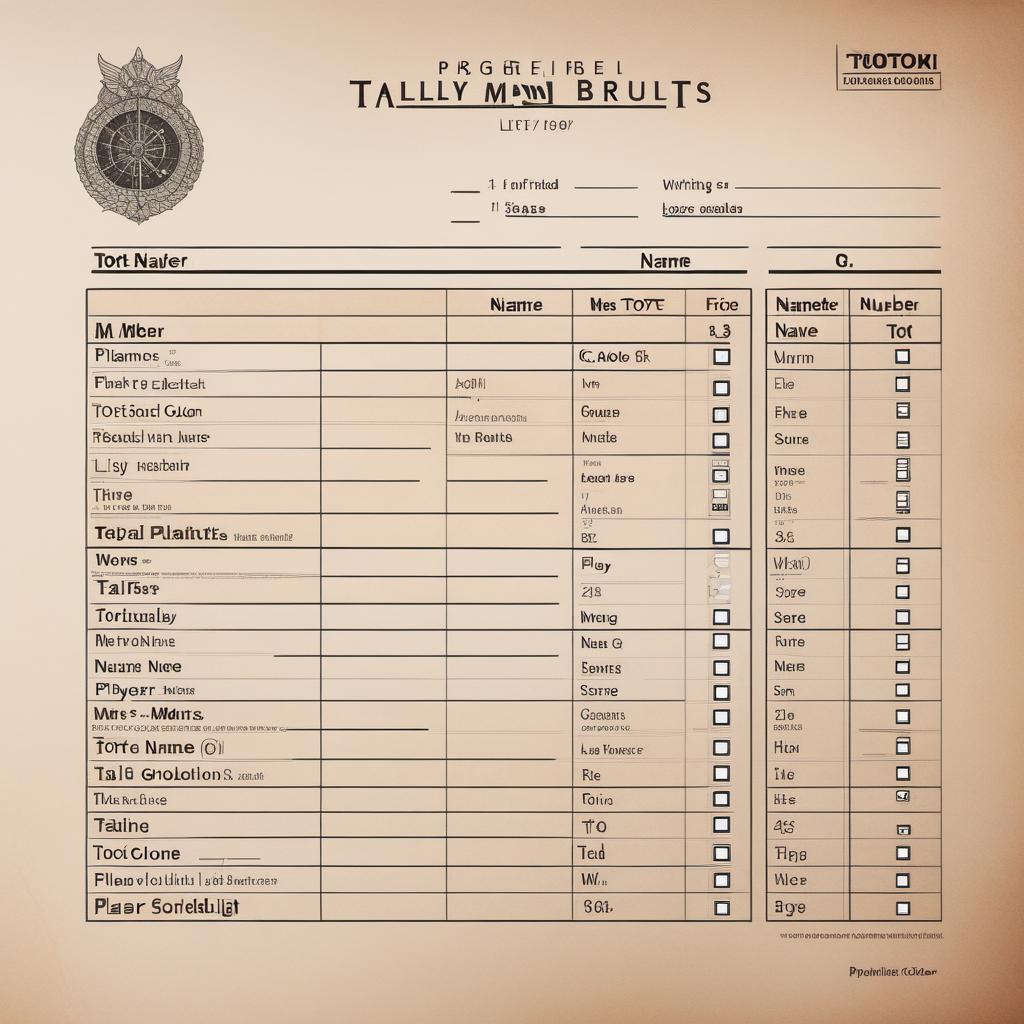  A printable tally sheet with three columns. The first column labeled 'Player Name', the second column labeled 'Tally Marks', and the third column labeled 'Total Number'. Each row should have enough space for the player names, tally marks, and the total numbers to be written. The layout should be clear and easy to use. hyperrealistic, full body, detailed clothing, highly detailed, cinematic lighting, stunningly beautiful, intricate, sharp focus, f/1. 8, 85mm, (centered image composition), (professionally color graded), ((bright soft diffused light)), volumetric fog, trending on instagram, trending on tumblr, HDR 4K, 8K