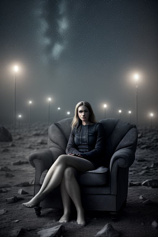  arrogant woman, frenchwoman in a soft chair, emptiness, background starry sky, slate atmosphere, cinematic, dimmed colors, dark shot, muted colors, film grainy, lut, spooky