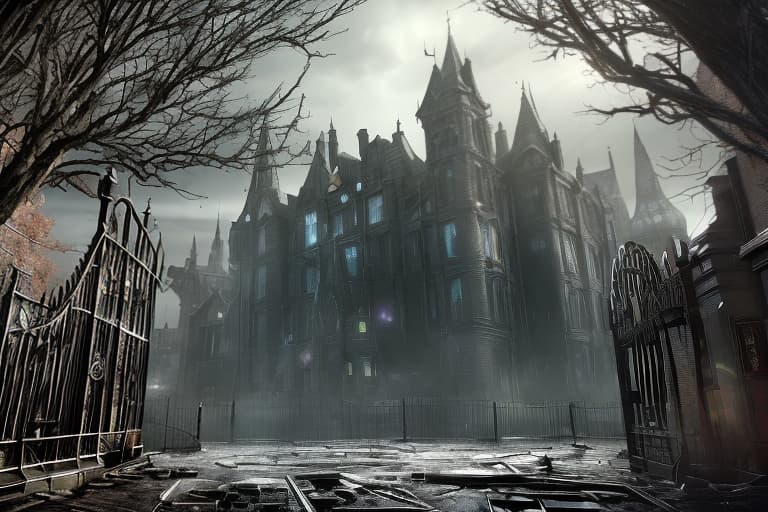 redshift style Arkham Asylum* Create a street view image of Arkham Asylum's entrance, showcasing its imposing gothic architecture, iron gates, and eerie atmosphere.