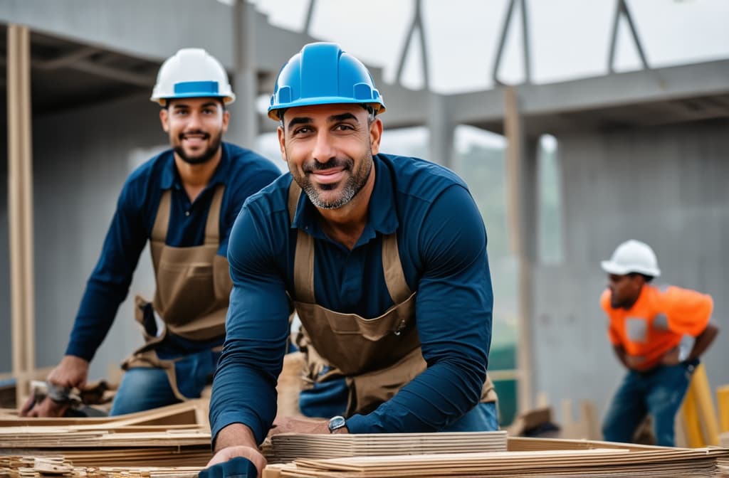  professional detailed photography, builder men working in building construction, looking at camera, blurred background ar 3:2, (muted colors, dim colors, soothing tones), (vsco:0.3)